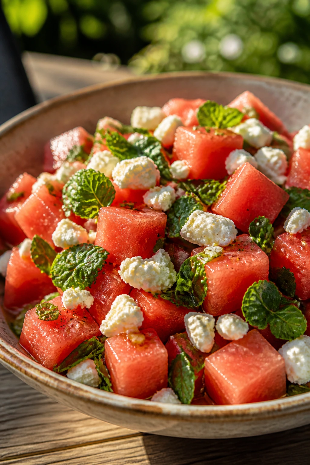 Close-up of Watermelon Feta Mint Salad in a rustic bowl on a sunlit picnic table