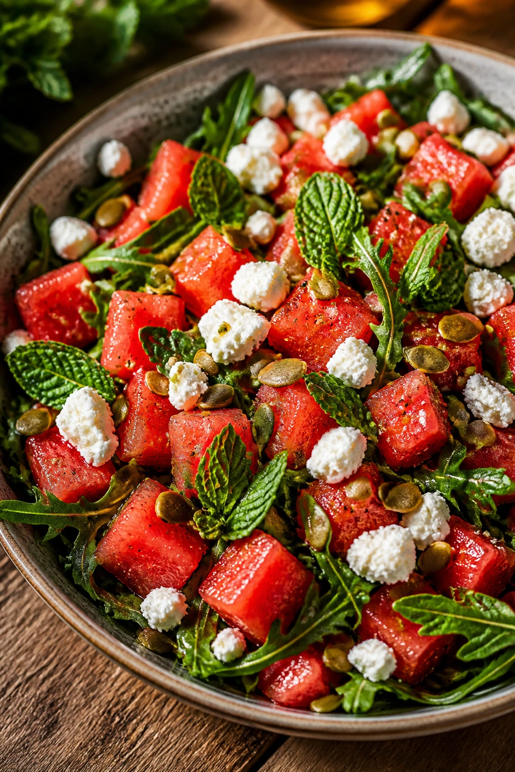 Close-up of a hearty watermelon feta salad with mint and pepitas in a bowl on a wooden table