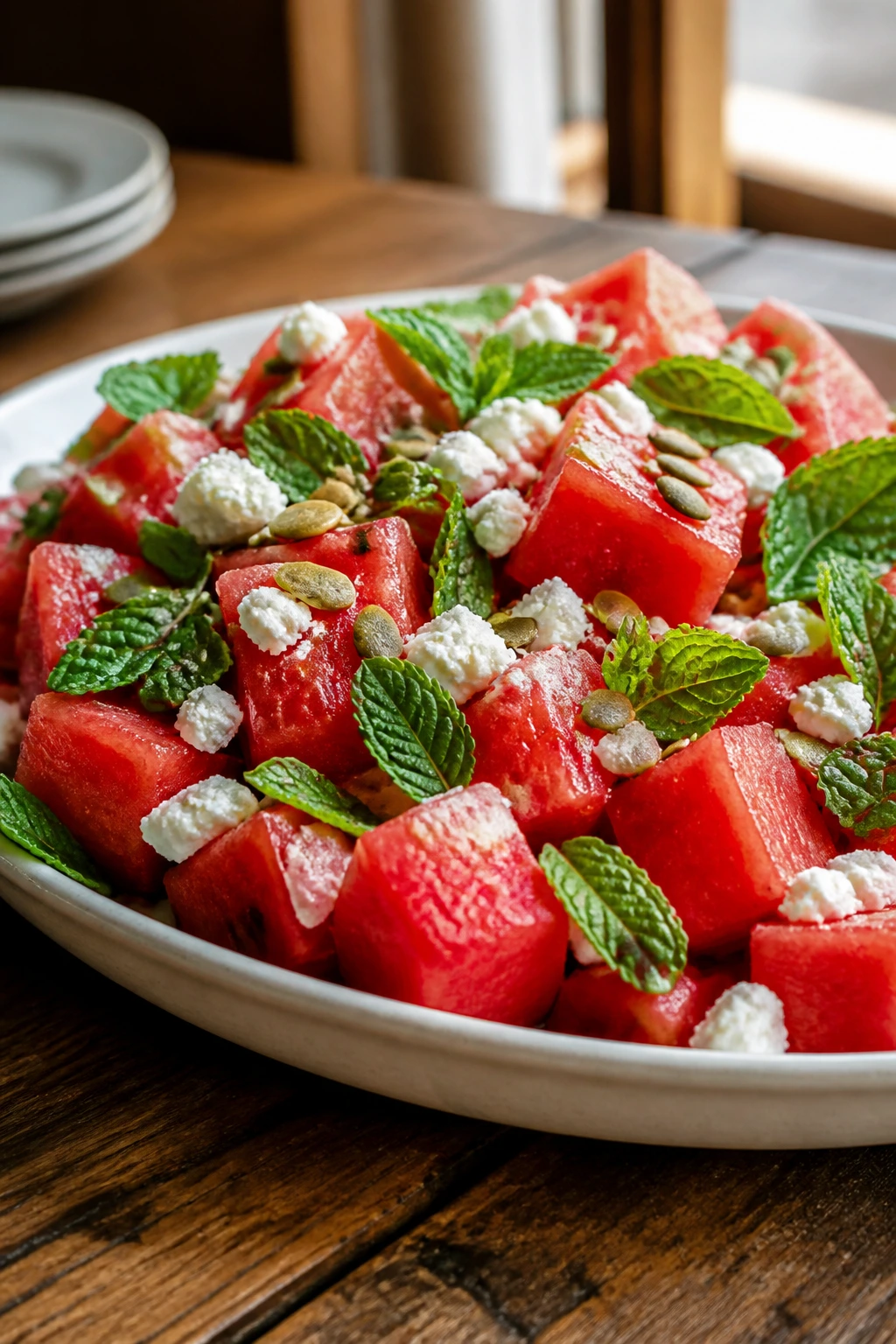 Close-up of watermelon feta salad on a shallow platter with mint and pepitas