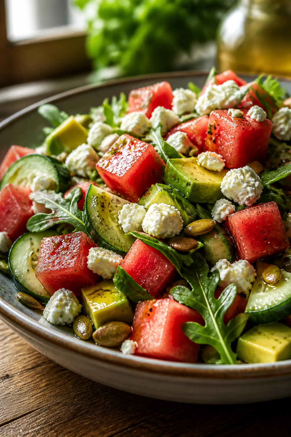 Close-up of Watermelon Feta Salad highlighting texture with watermelon, feta, cucumber, avocado, arugula, pepitas