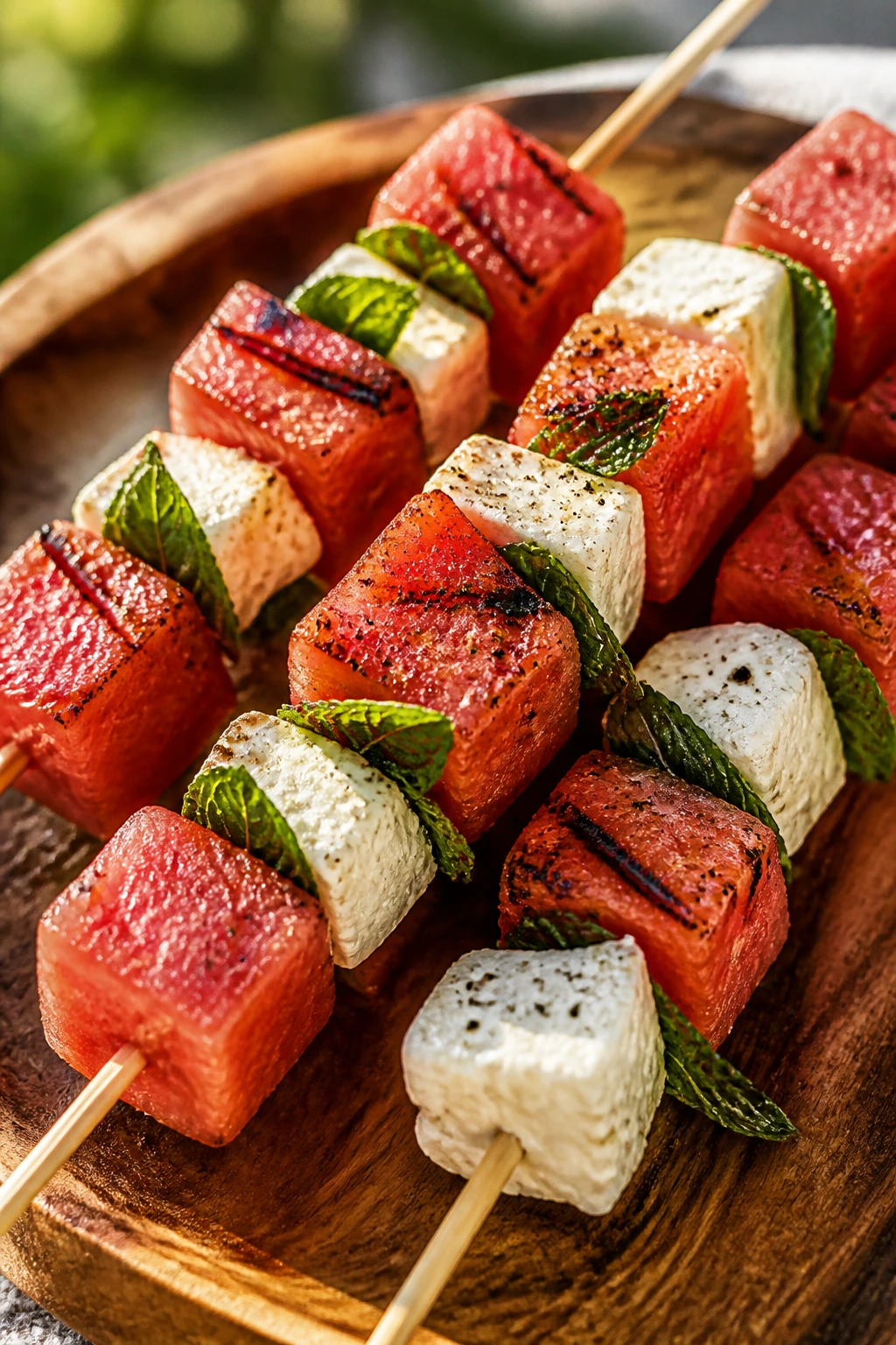 Watermelon and feta skewers with mint on a picnic platter