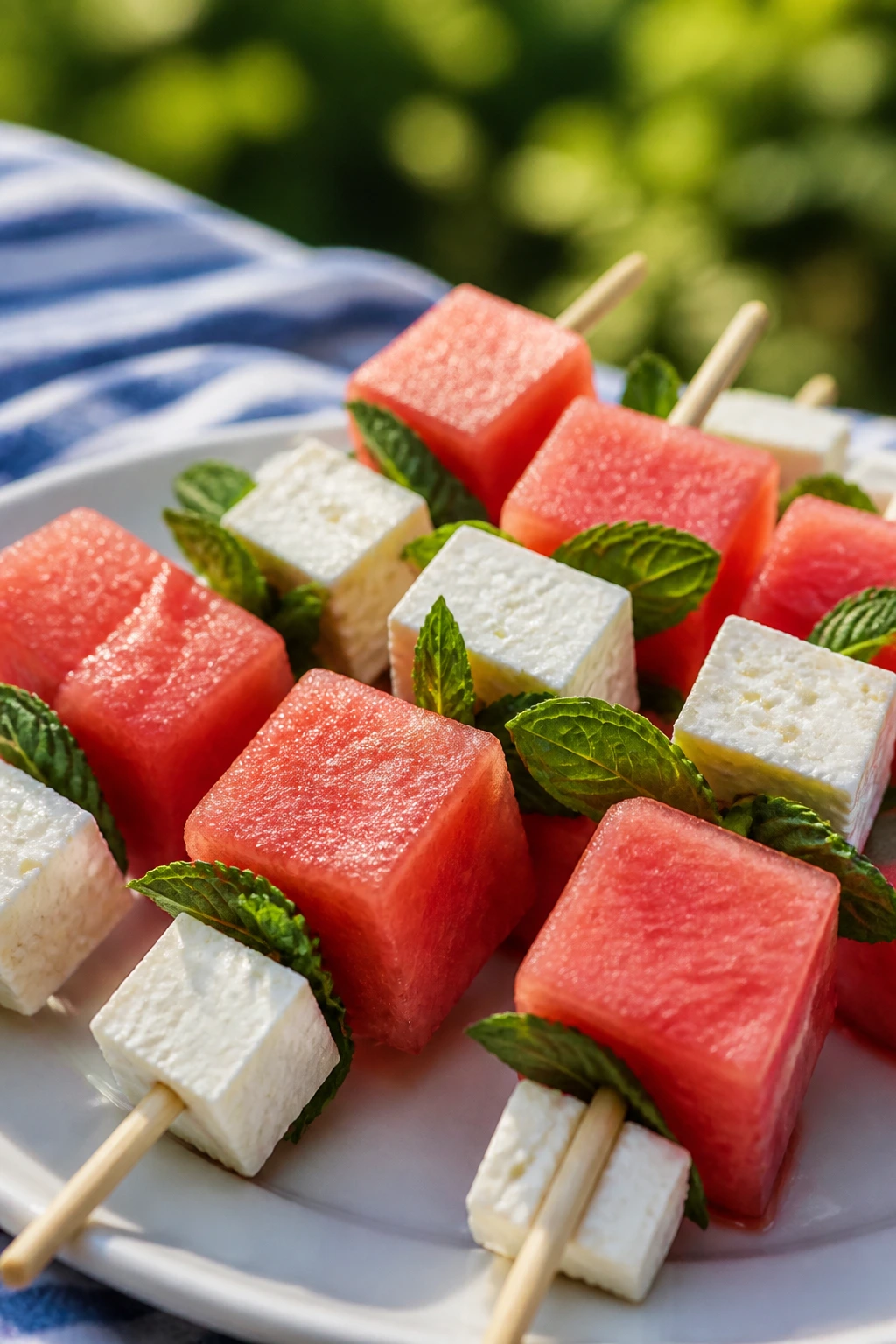Close-up of watermelon and feta skewers with mint