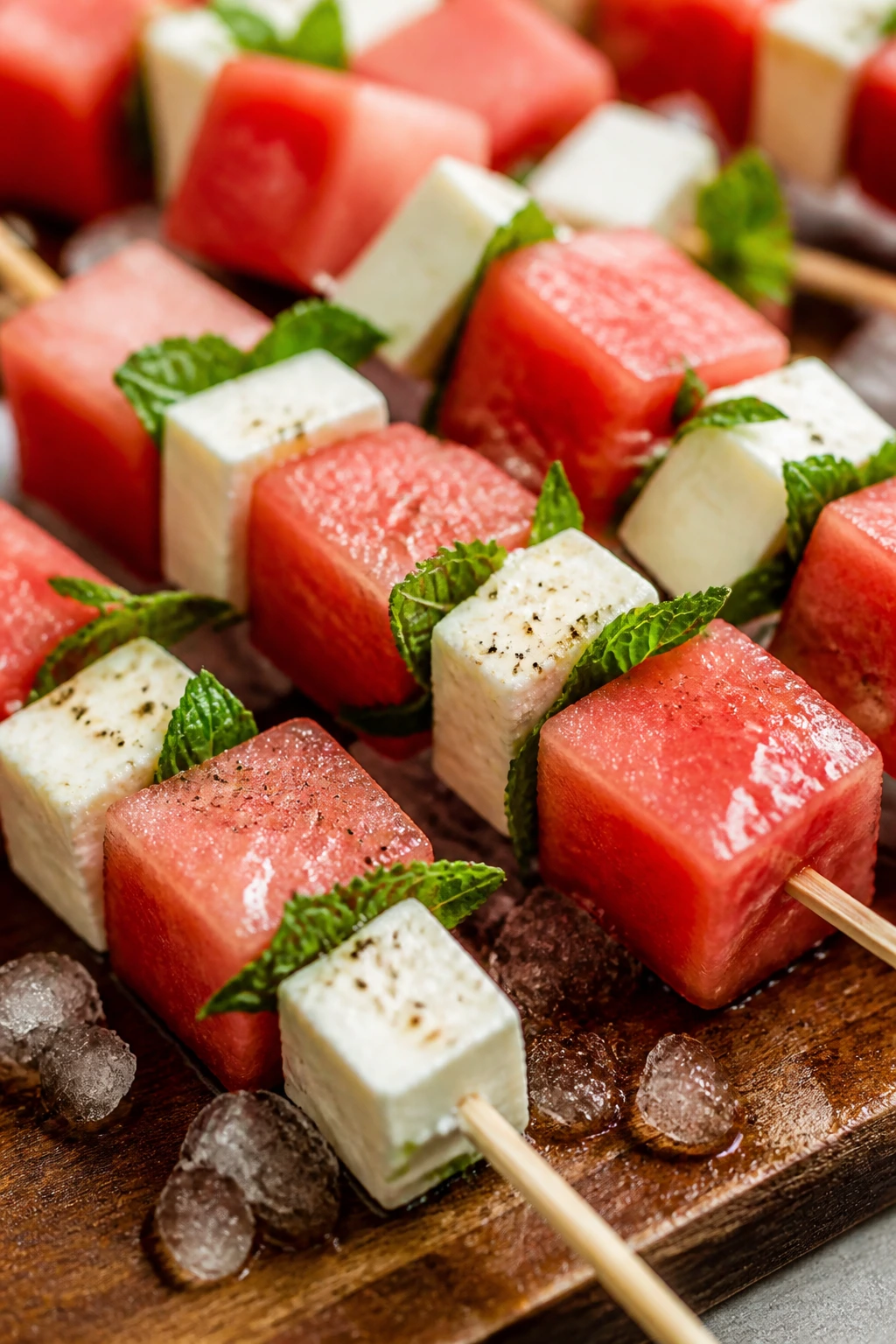 Watermelon, feta, and mint skewers on a wooden board