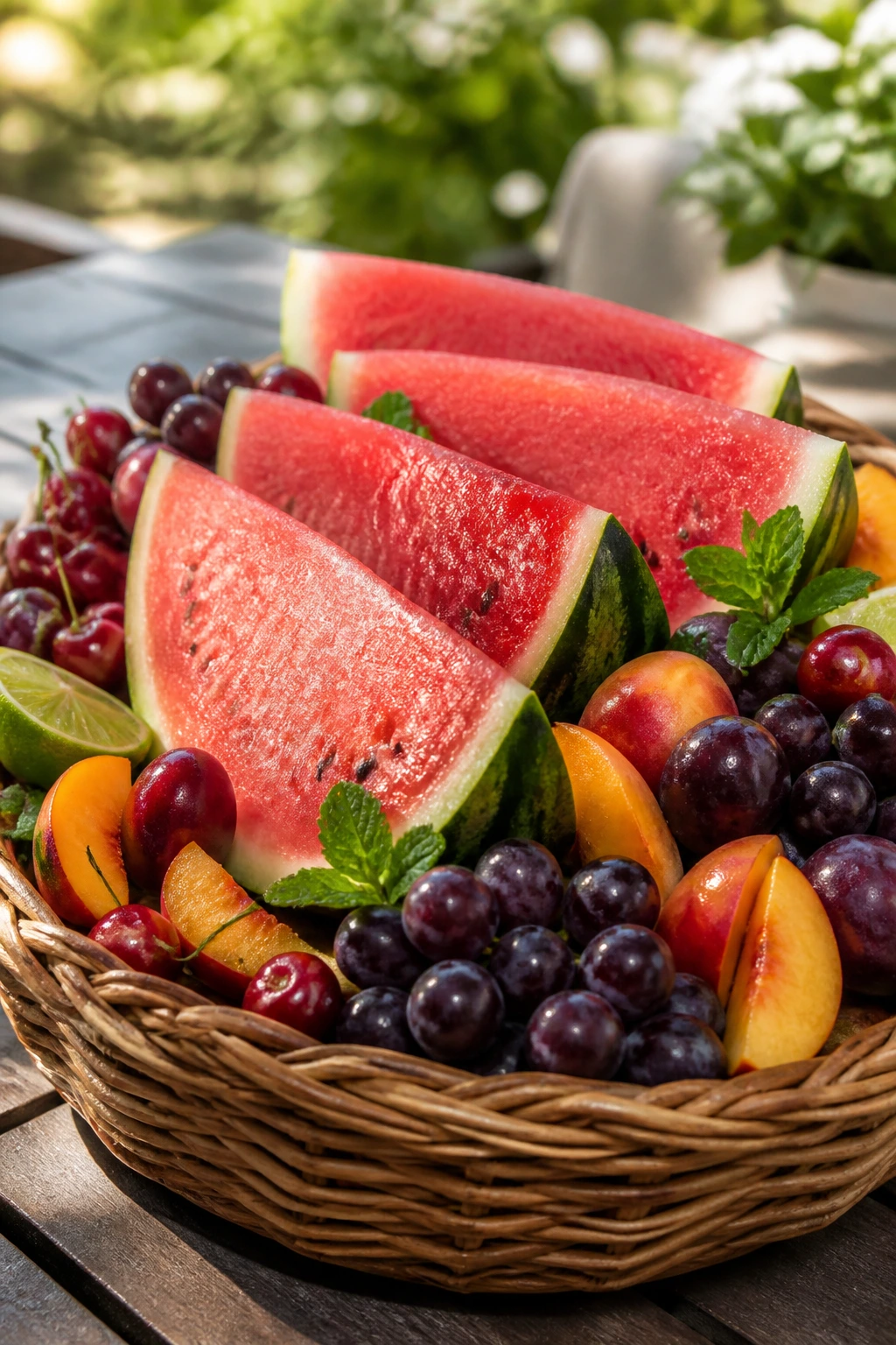 Watermelon and mixed fruit basket cooling on a patio table