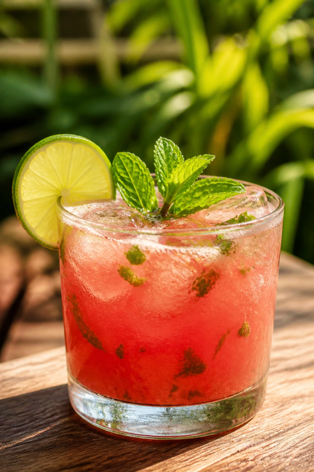 Close-up of Watermelon Ginger Mint Cooler with mint garnish on a sunny table