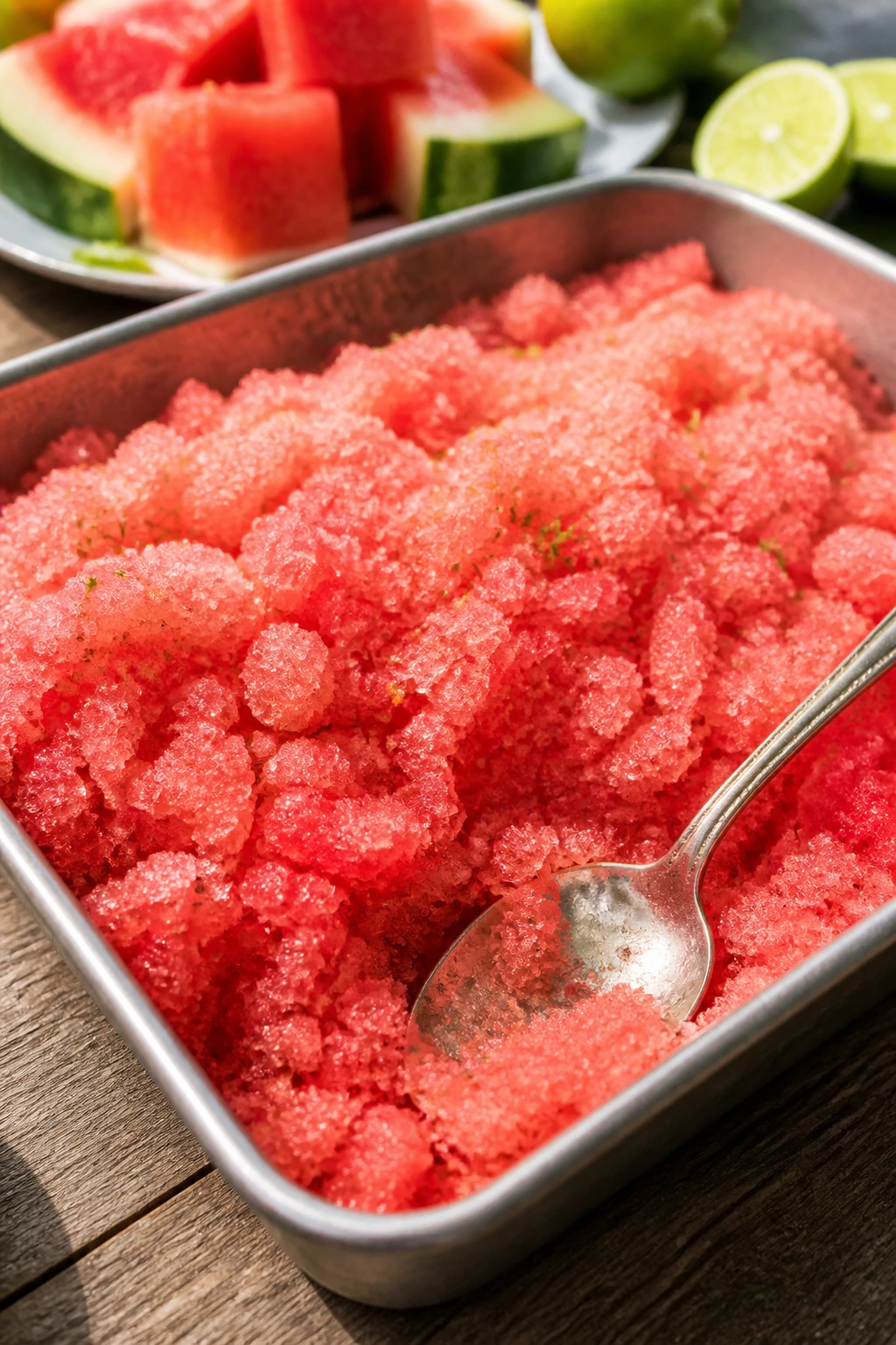 Granita in a metal pan with a mint garnish on a sunny patio