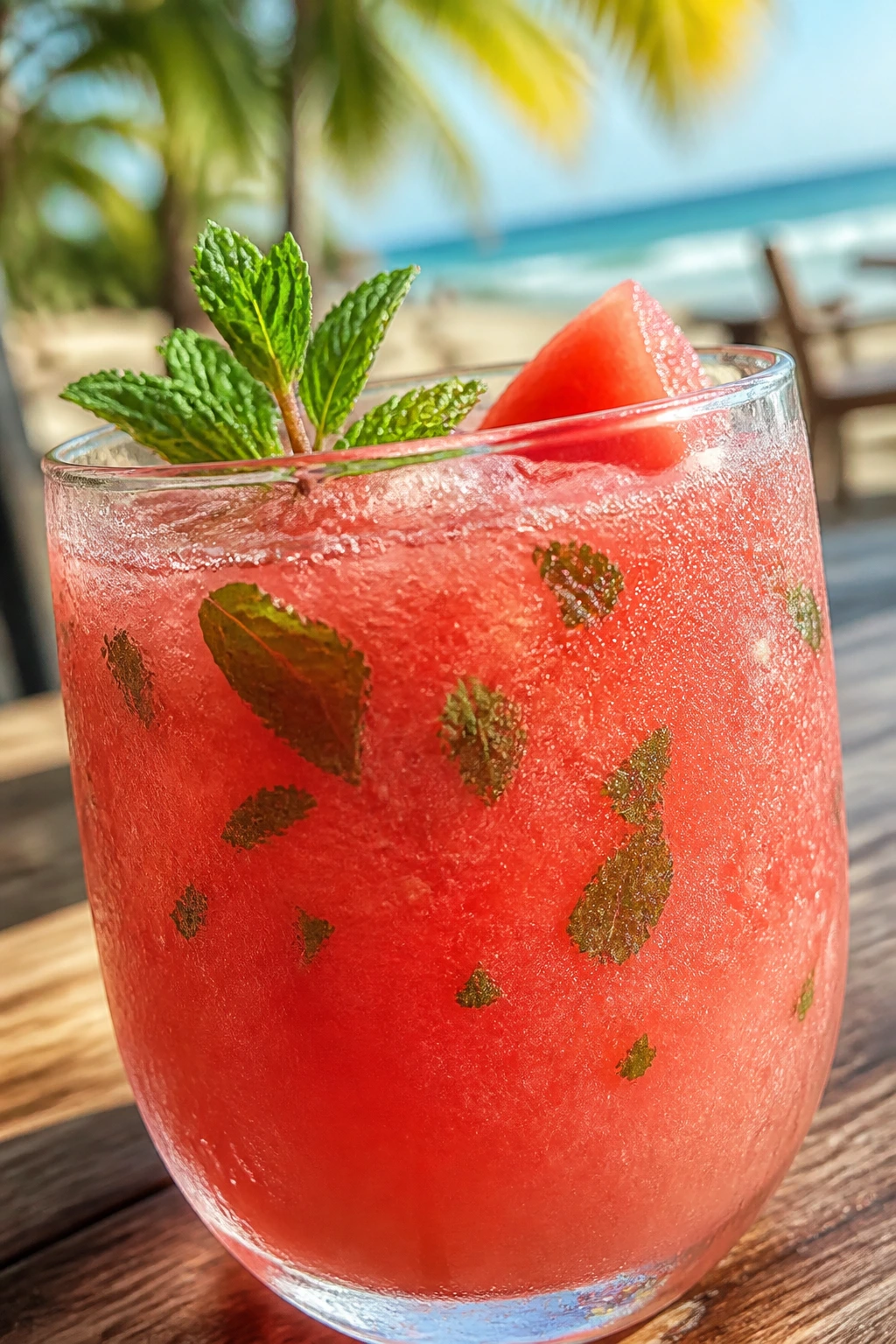 Close-up of a watermelon guava agua fresca in a glass with mint