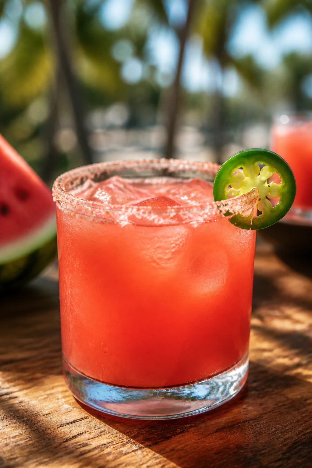 Glass of watermelon mezcal punch with jalapeño slice on rim