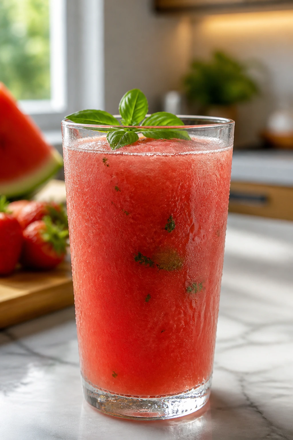 Close-up of a tall glass of Watermelon Strawberry Basil Juice with basil leaves on a bright counter
