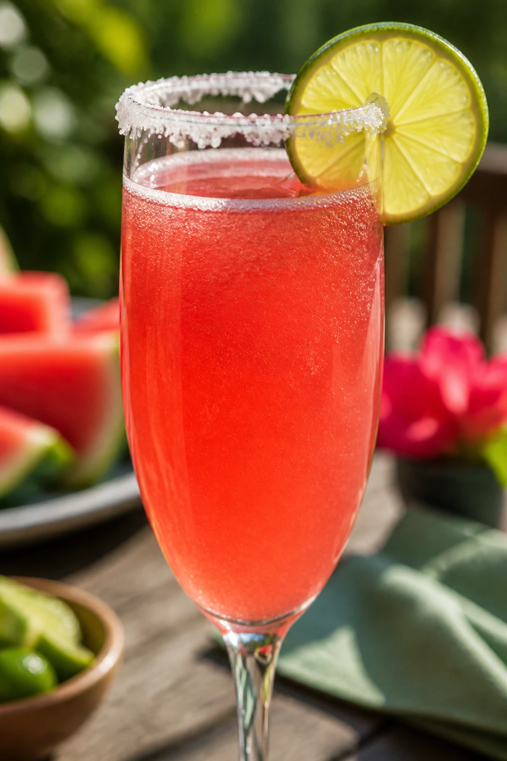 Close-up of Watermelon Lime Salt-Rim Mimosa showing salt rim and lime wheel