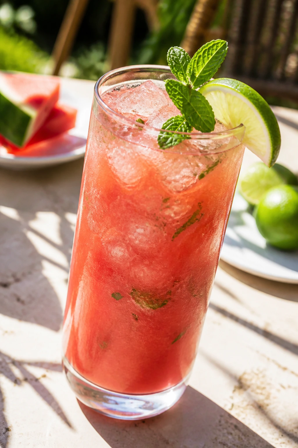 Tall glass of watermelon lime refresher with mint on sunny table