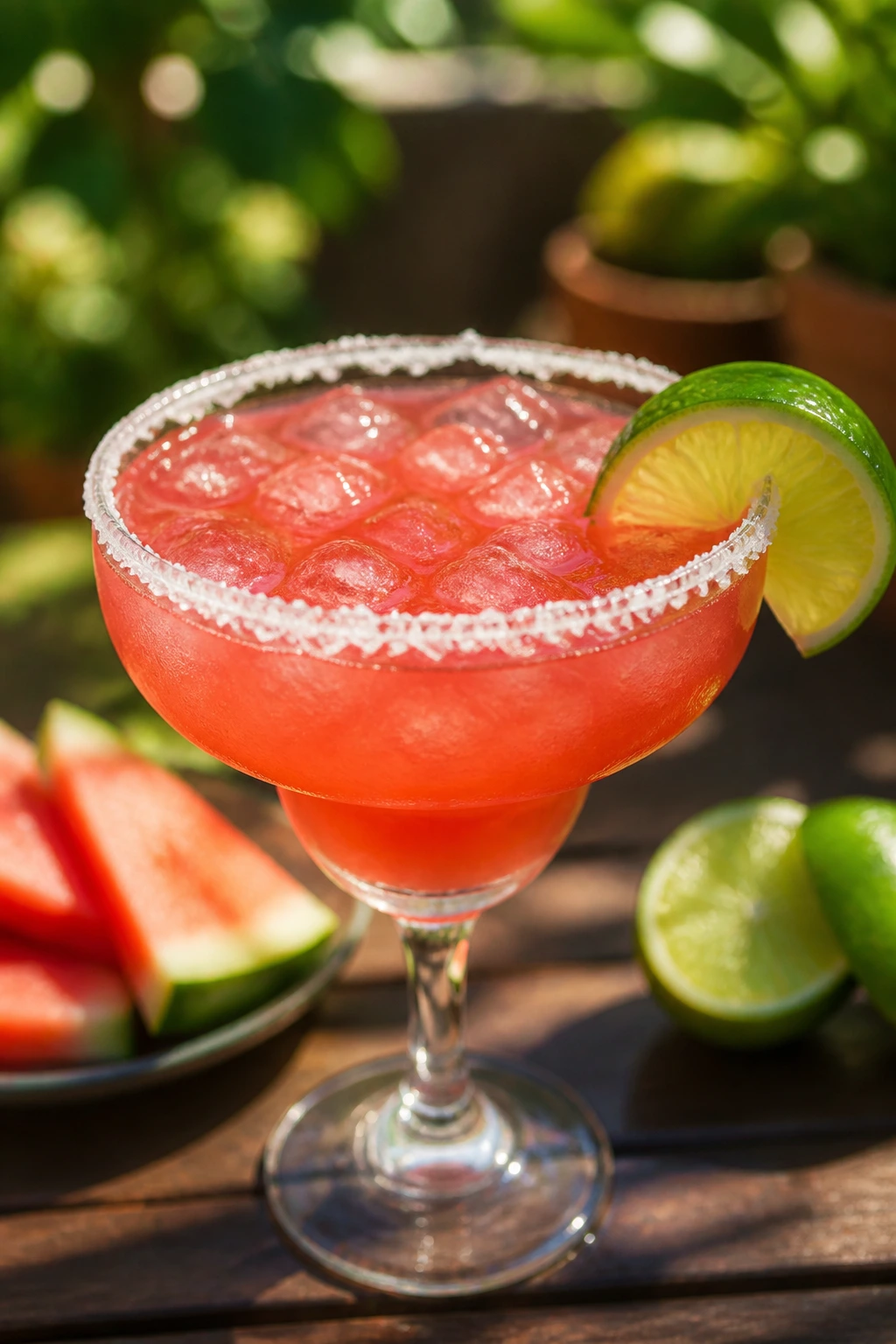 Margarita glass with watermelon margarita and salted rim under sunlit outdoor setting