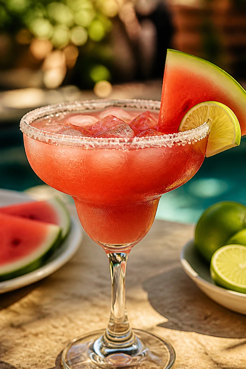 Watermelon margarita in salted glass with watermelon wedge