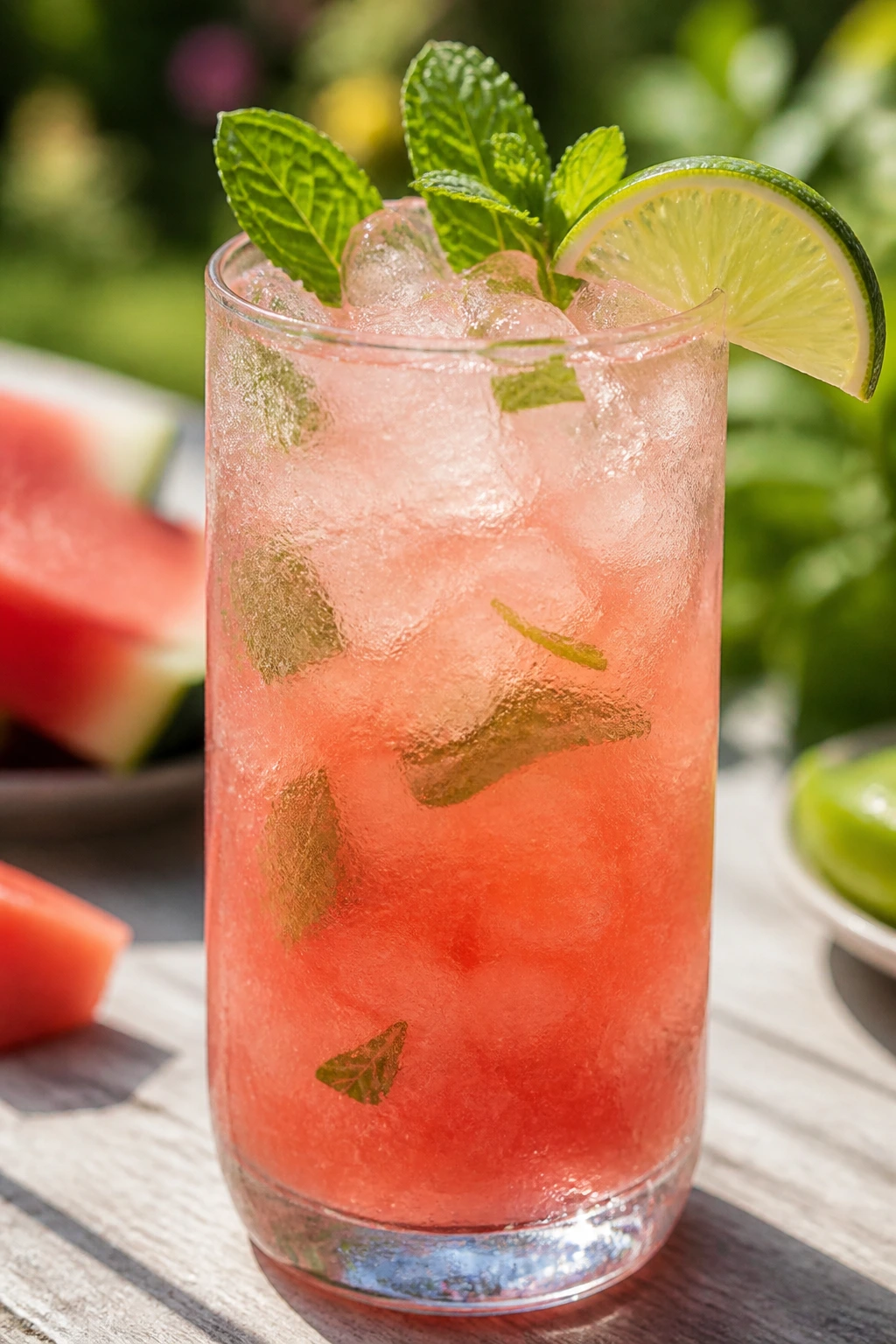 Tall glass of watermelon mint vodka cooler with mint and lime