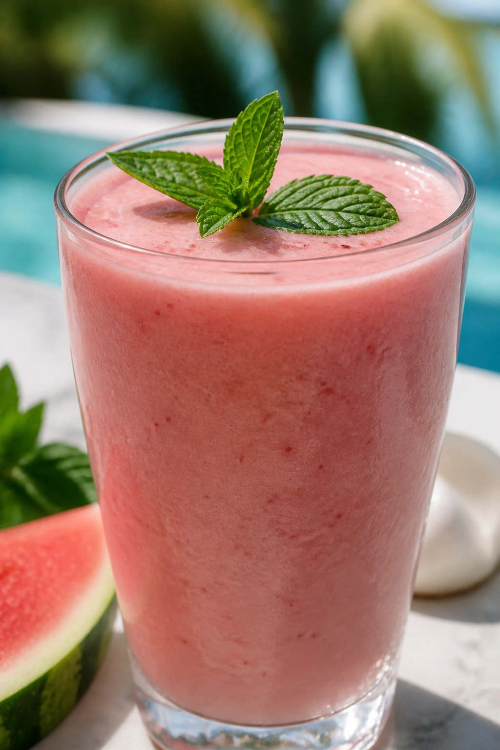 Close-up of Watermelon Mint Coconut Smoothie in a glass on a poolside table