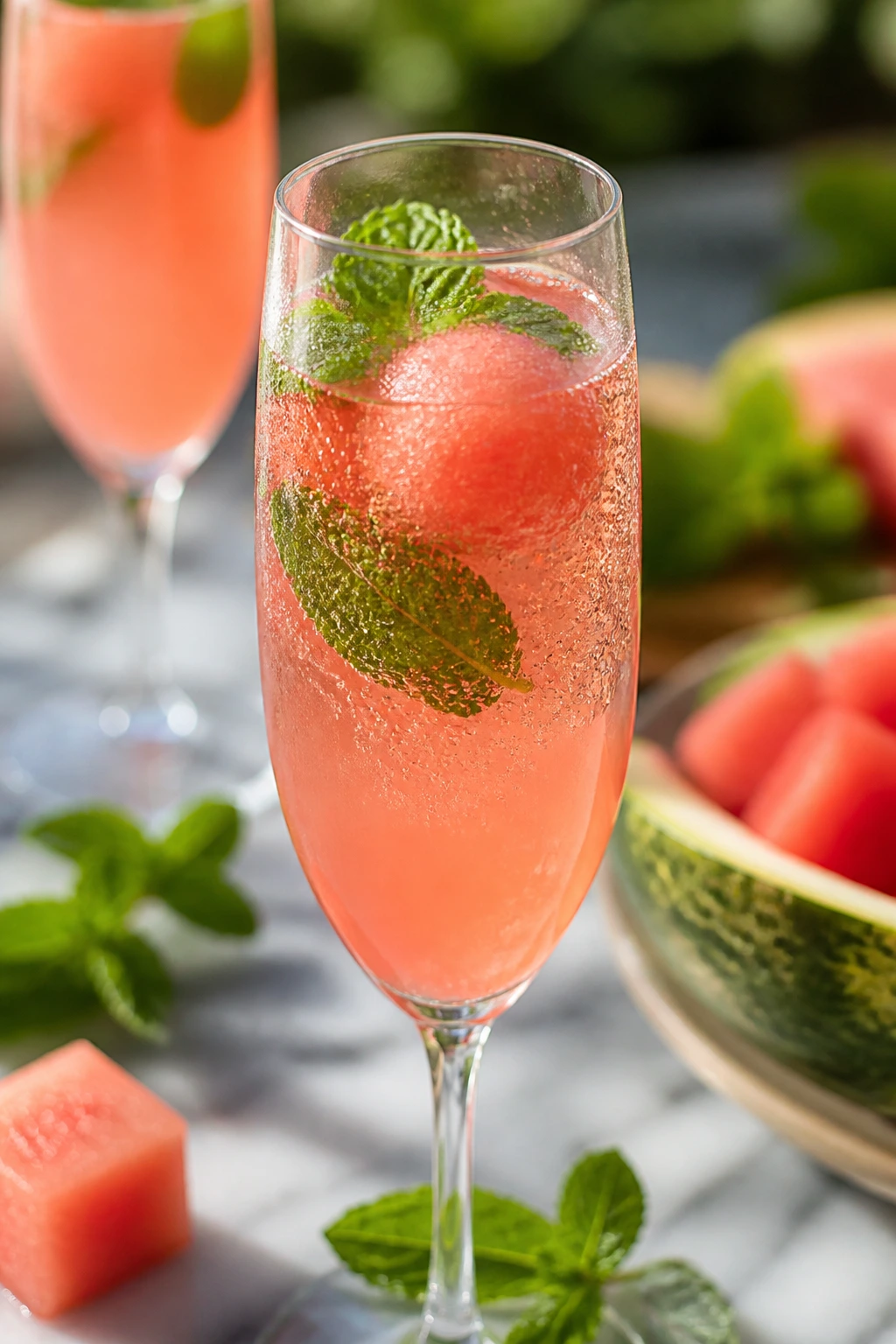 Watermelon mint mimosa in a flute with mint and watermelon garnish