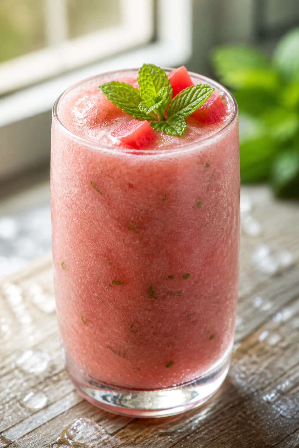 Close-up of Watermelon Mint Green Tea Smoothie in a glass on a wooden surface