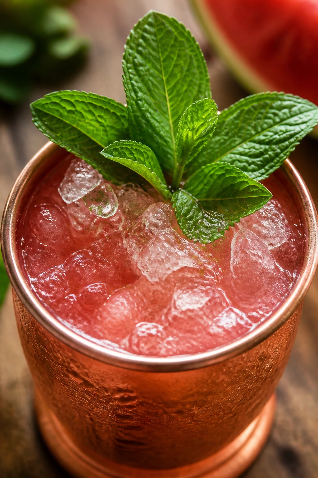 Watermelon Mint Julep in a copper julep cup with crushed ice and mint