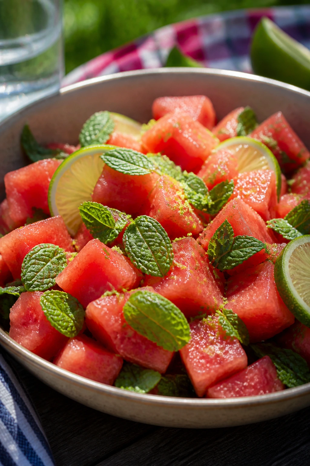 Watermelon mint lime salad in a bowl for a picnic