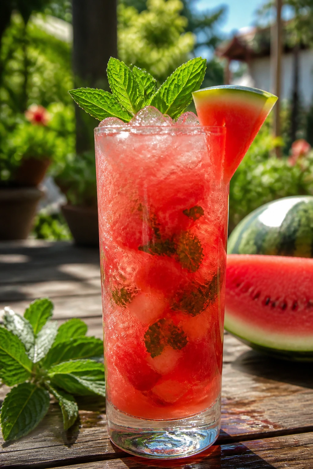 Watermelon mint refresher in tall glass with mint and watermelon garnish