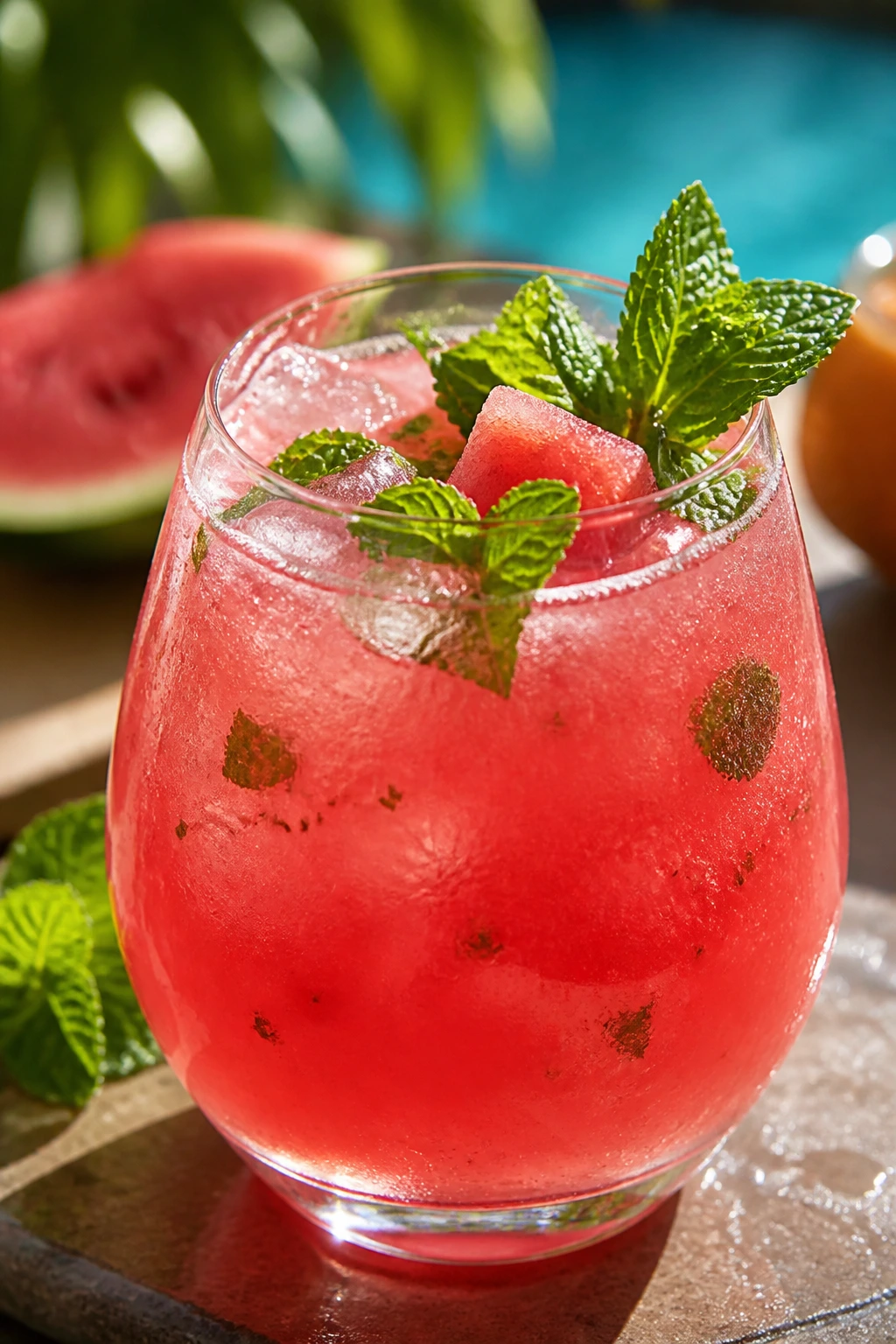 Close-up of Watermelon-Mint Rum Punch in a glass with mint leaves on a sunny patio