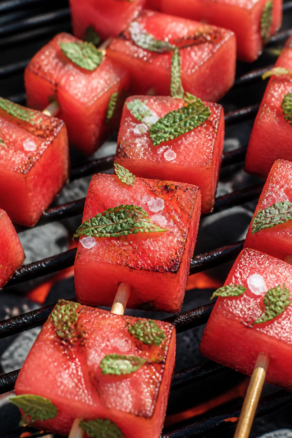 Watermelon skewers with mint and sea salt