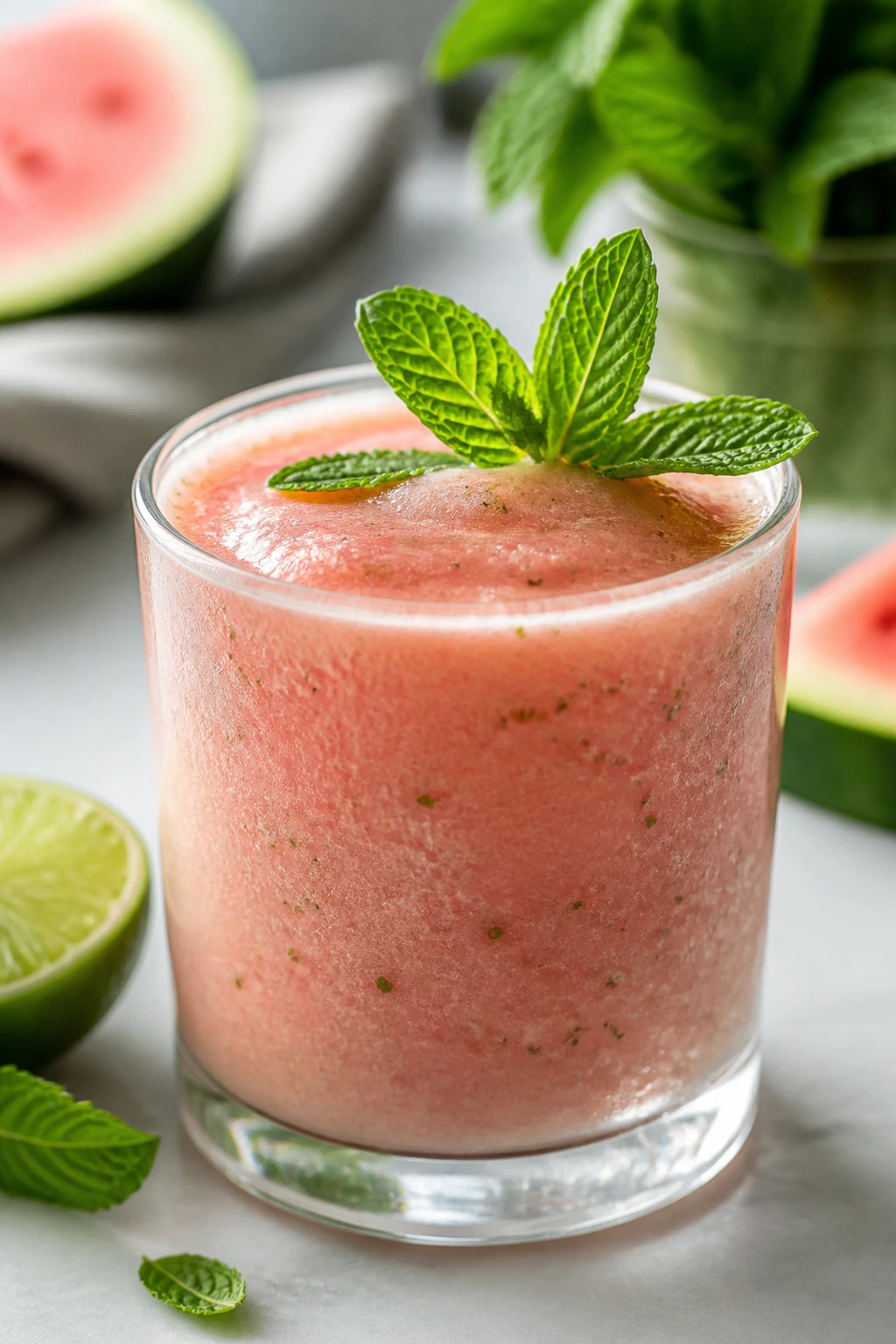 Pale pink watermelon mint smoothie in a short glass with mint
