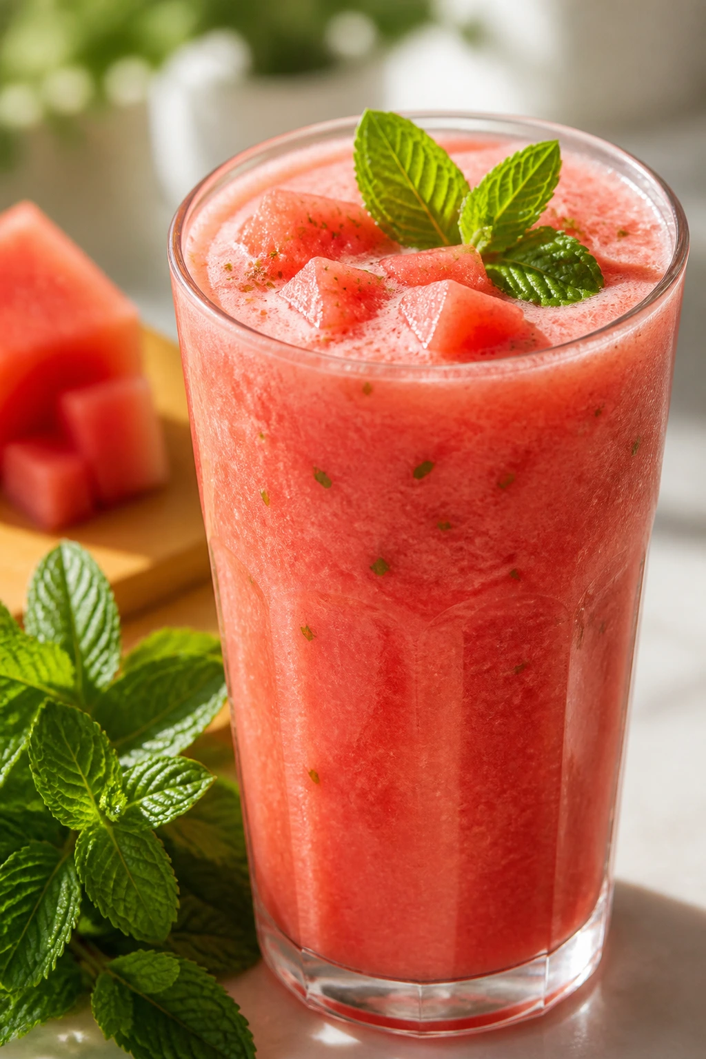 Close-up of watermelon mint smoothie in a glass on a sunlit kitchen counter