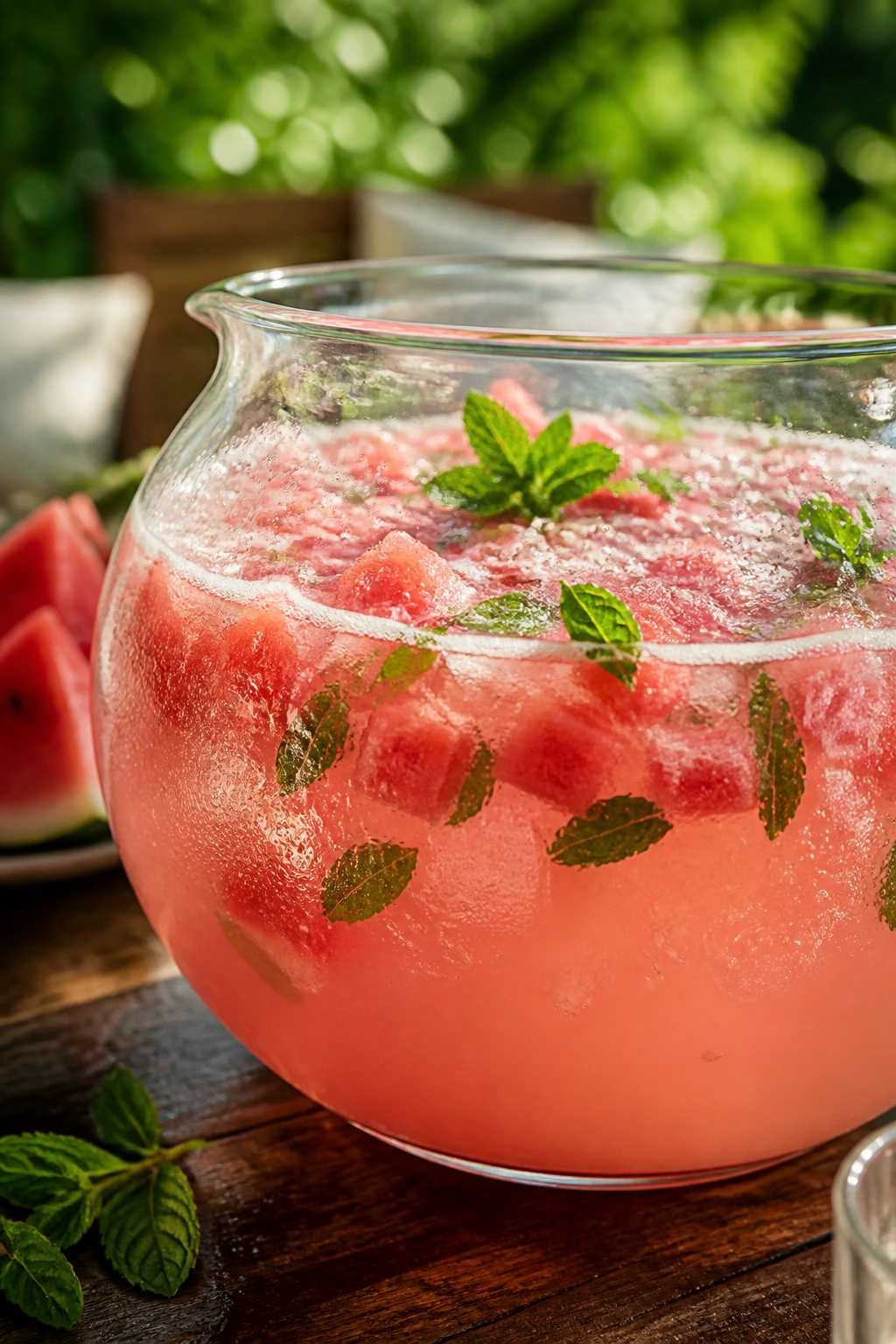 Close-up of watermelon mint vodka punch in a glass bowl outdoors