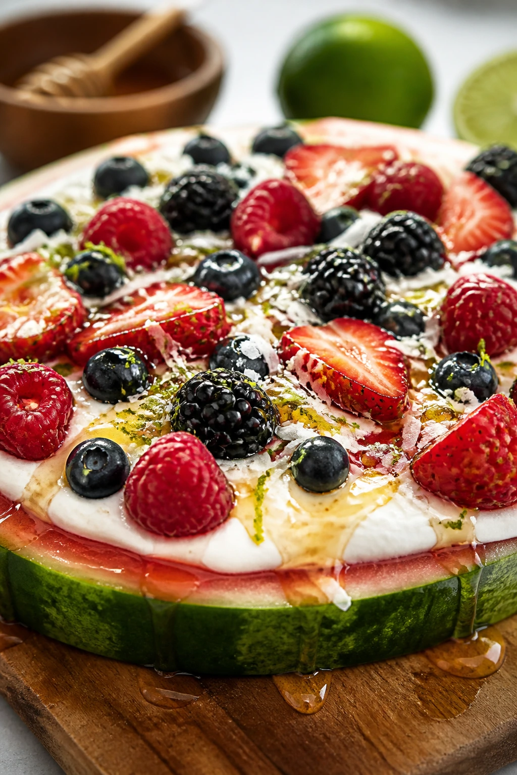 Watermelon pizza topped with yogurt, berries, and lime zest.