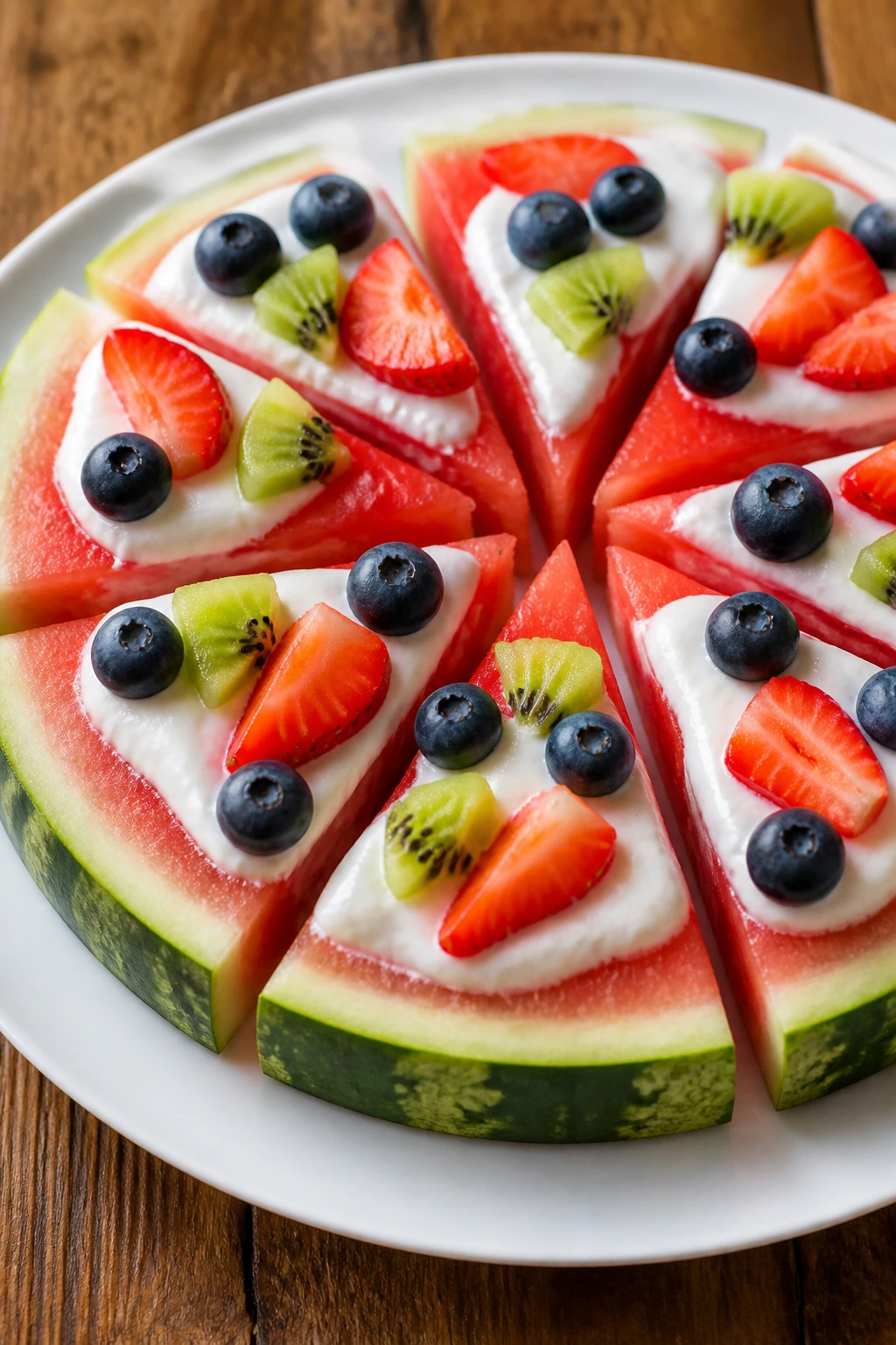Watermelon pizza slices arranged on plate with fruit toppings