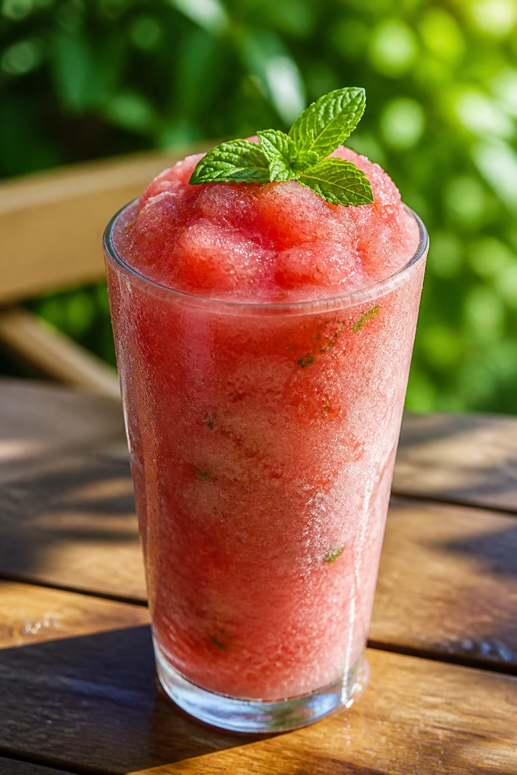 Close-up of Watermelon Slush in a glass with mint on a sunny patio