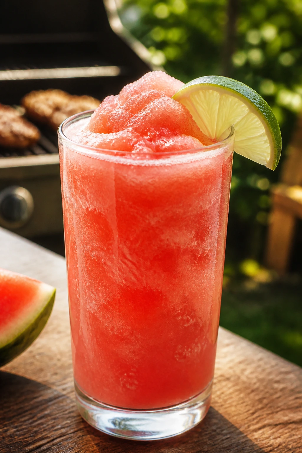 Close-up of Watermelon Slush with tequila in a tall glass outdoors