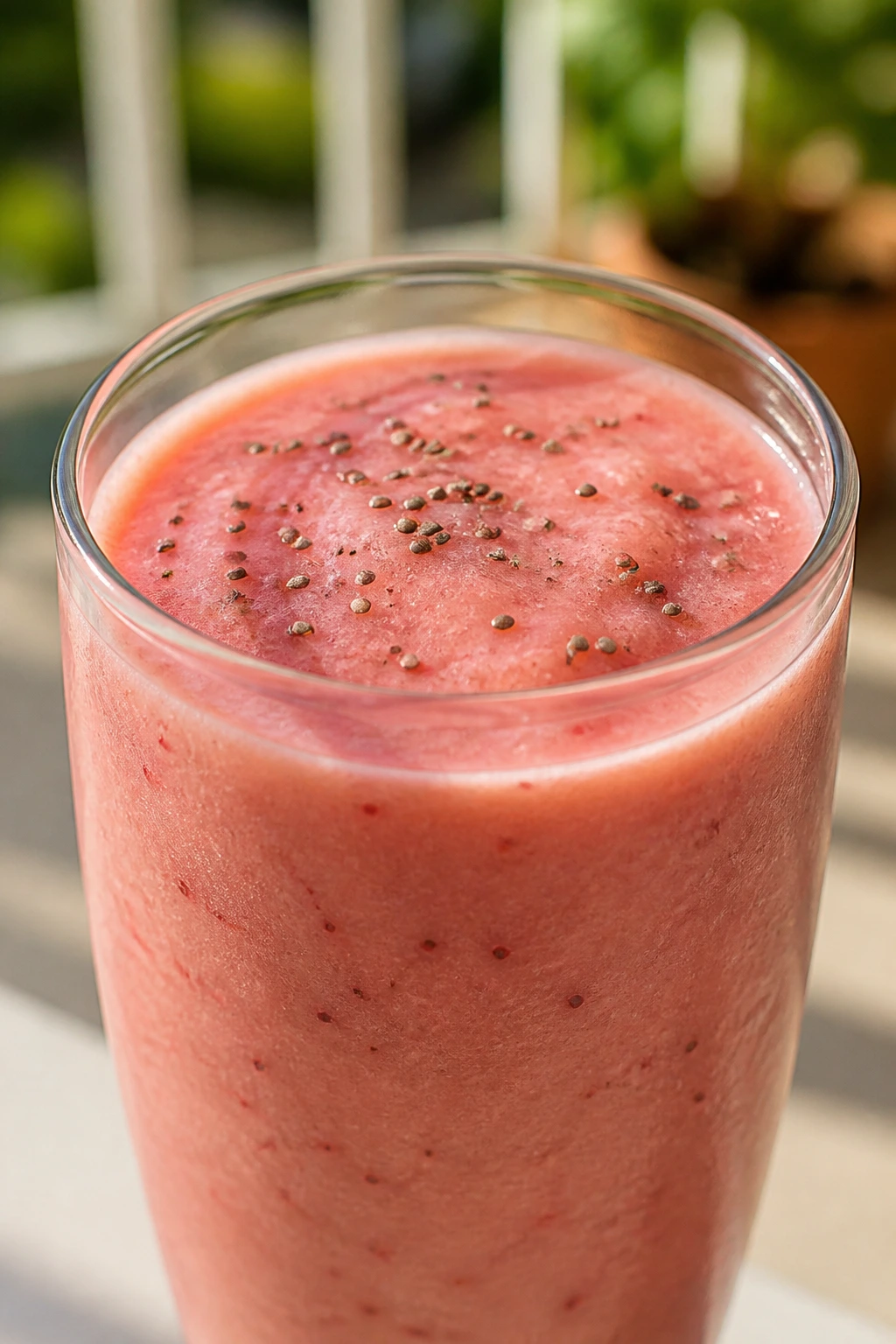 Close-up of Watermelon Strawberry Electrolyte Smoothie in a glass with pale pink color.