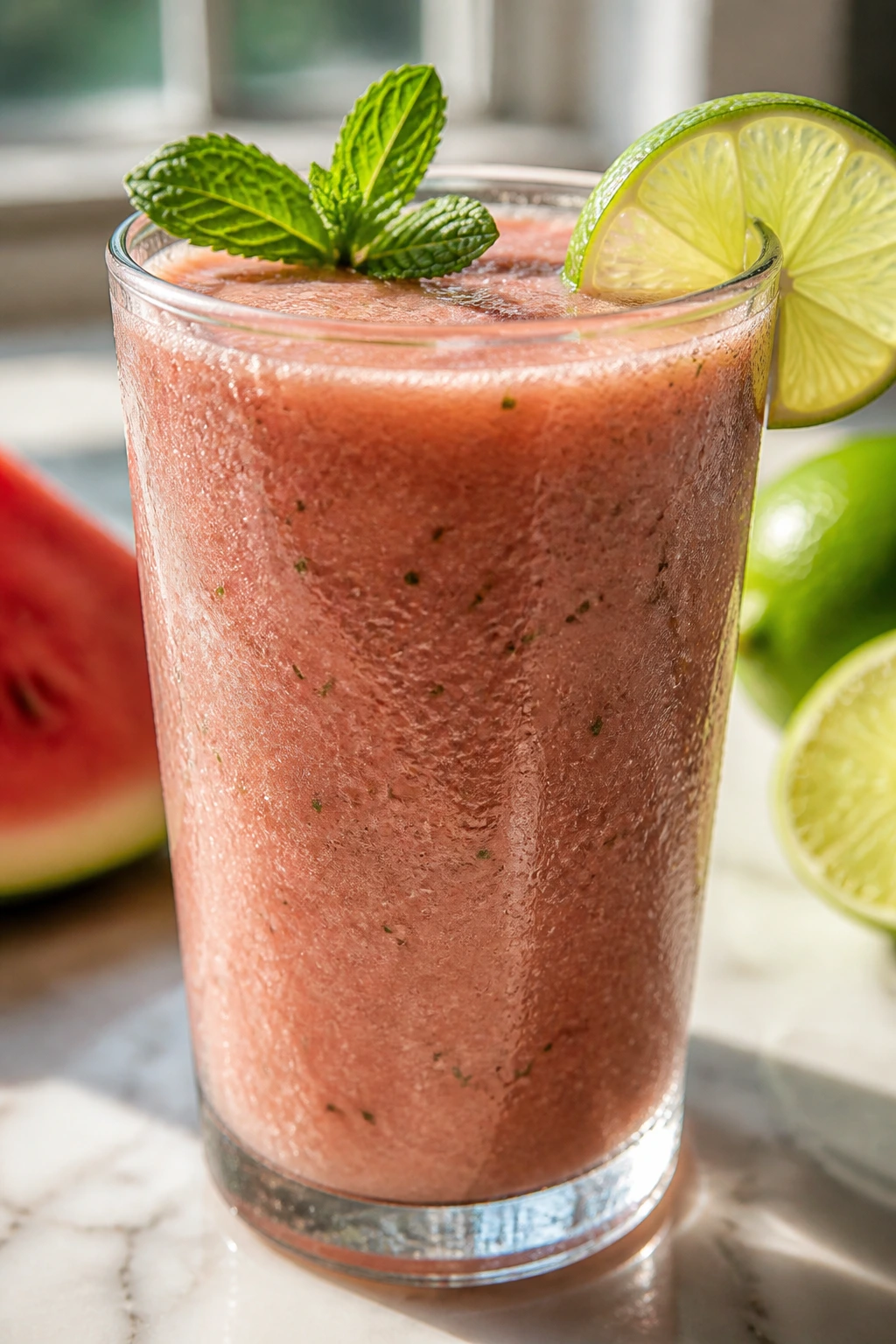 Close-up of a frosty glass with watermelon lime coconut water smoothie, mint and lime garnish on a sunlit kitchen counter.