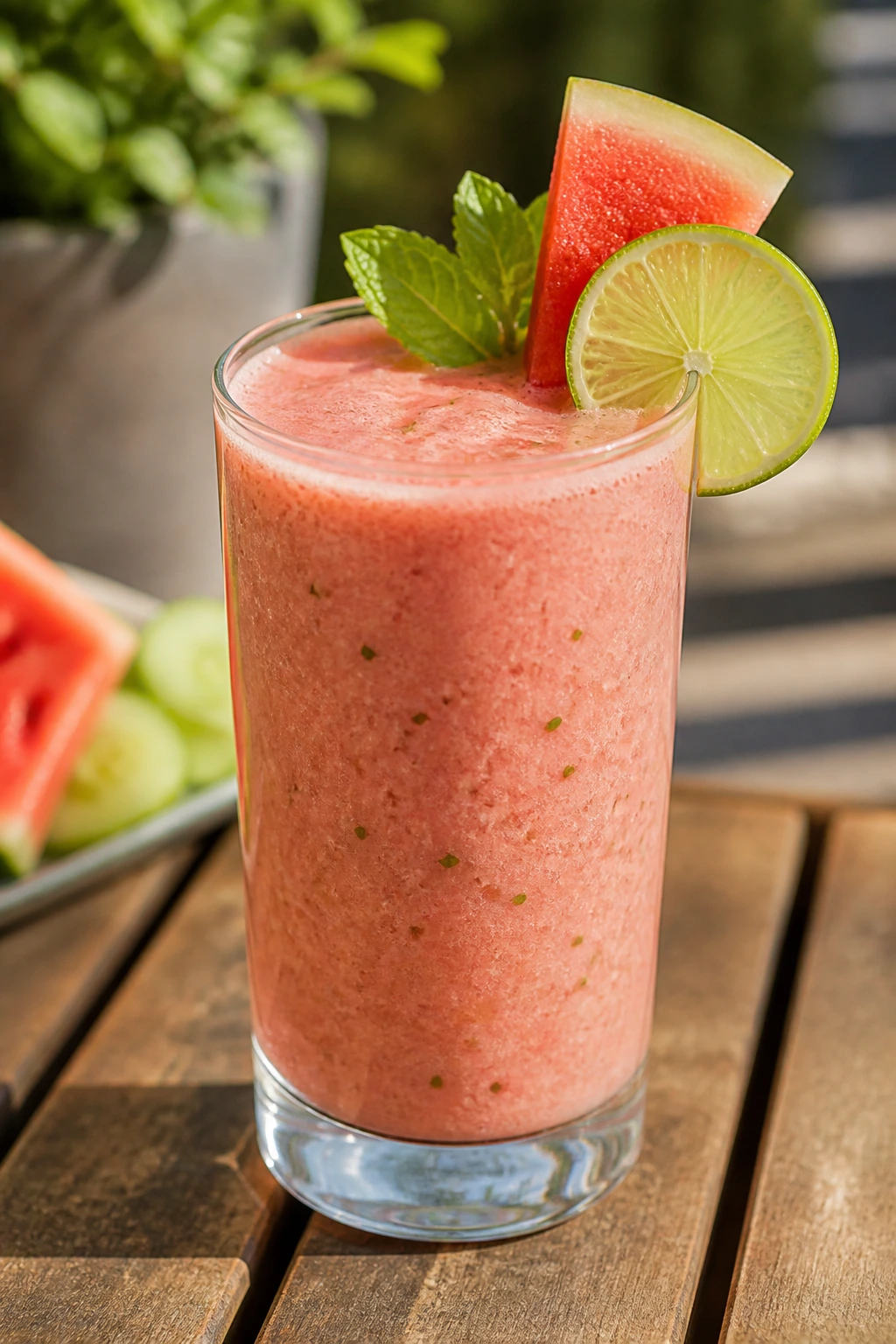 Close-up of watermelon lime smoothie in glass on sunny outdoor table