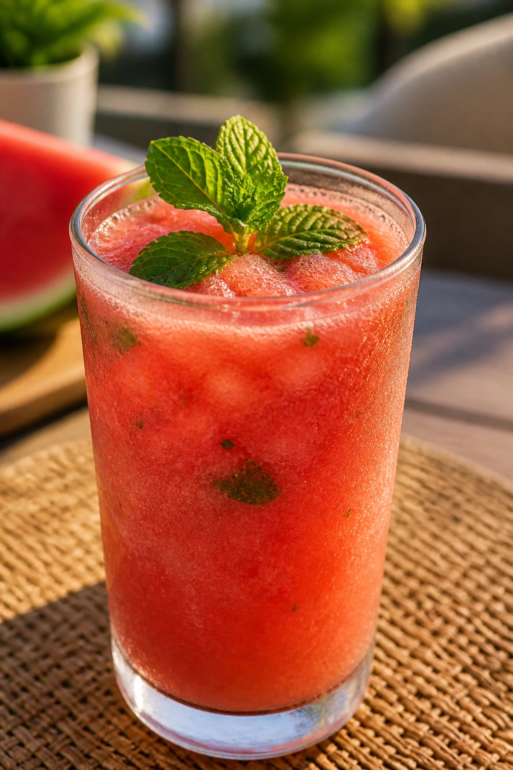 Ice-cold watermelon smoothie with mint on top in a glass on a sunny patio