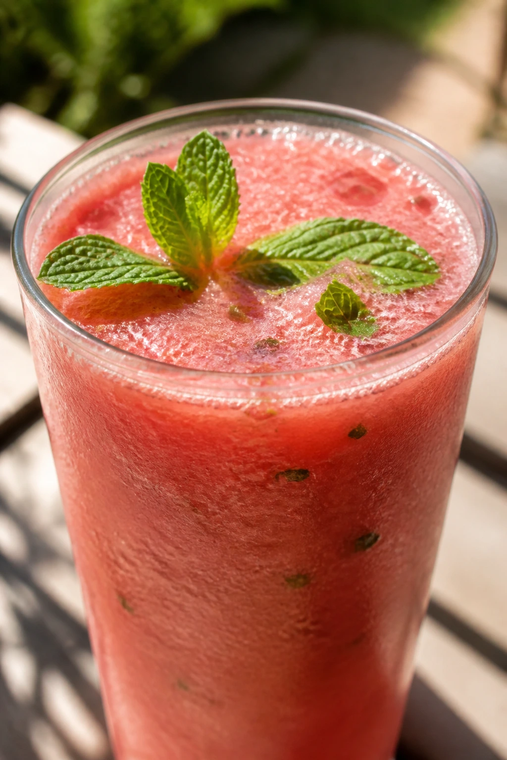 Glass of watermelon mint smoothie with mint on top on a sunny patio