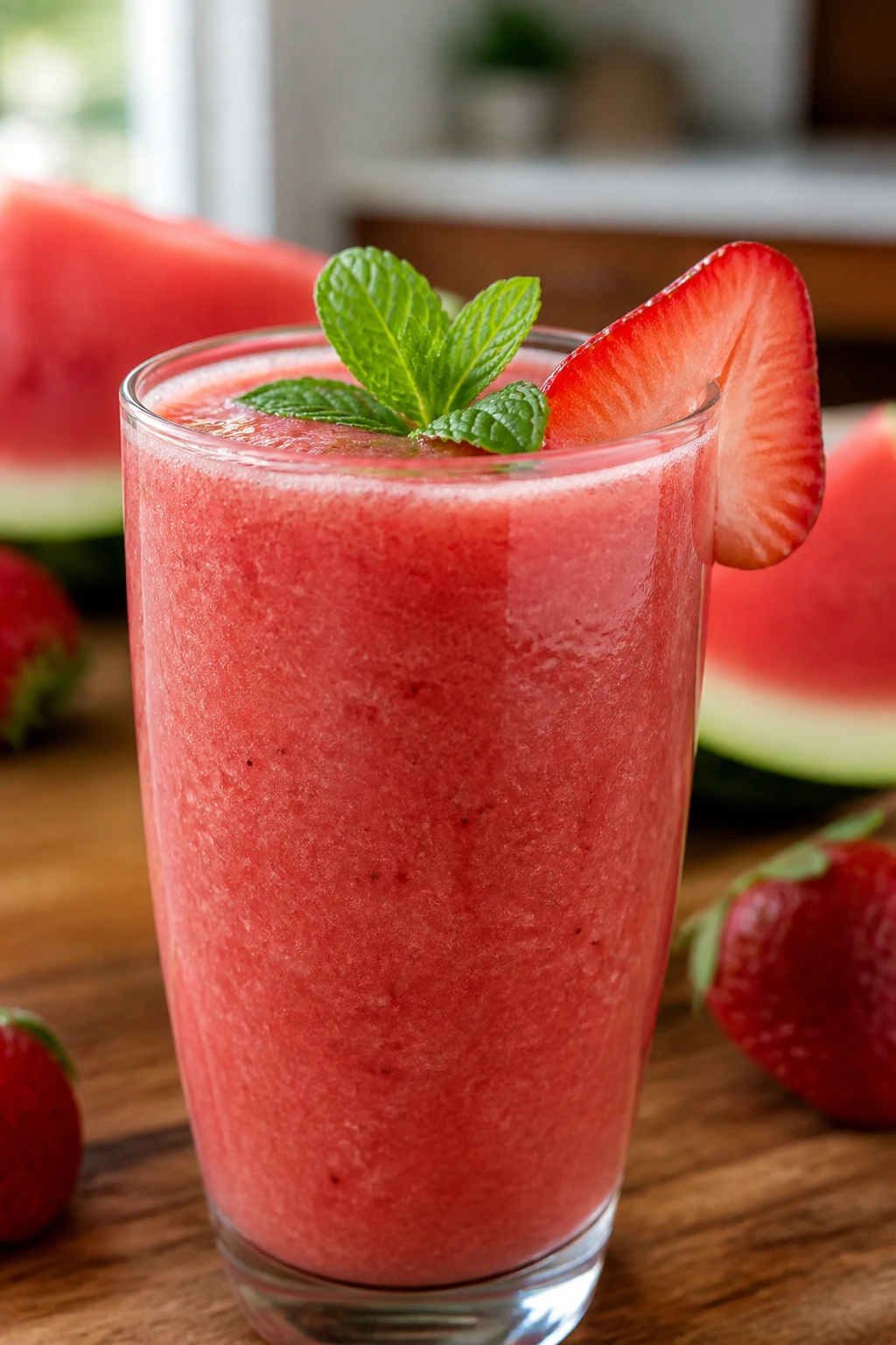 Close-up of Watermelon Strawberry Smoothie in a glass with a strawberry garnish on a wooden counter