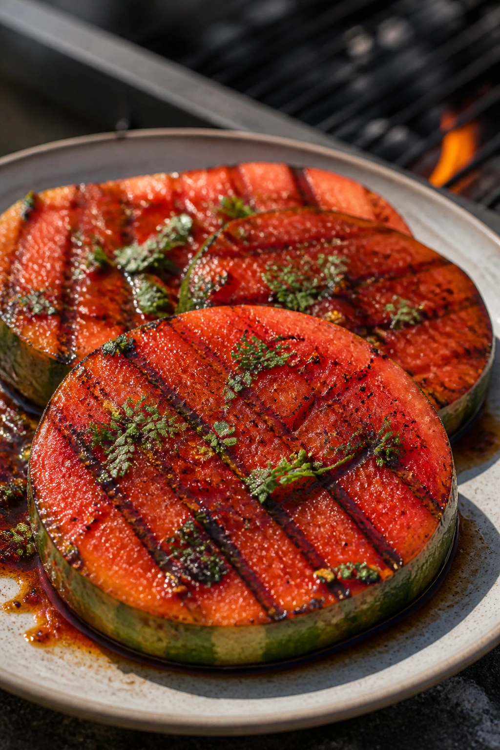 Grilled watermelon steaks with chili BBQ glaze on plate