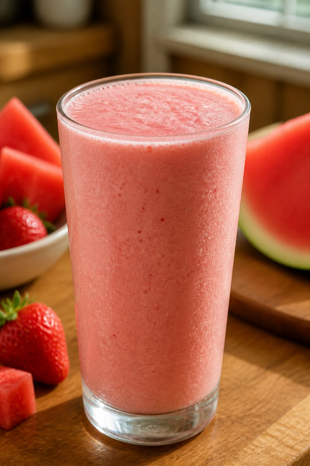 Close-up of Watermelon Strawberry Cooler smoothie in a glass on a sunlit kitchen counter