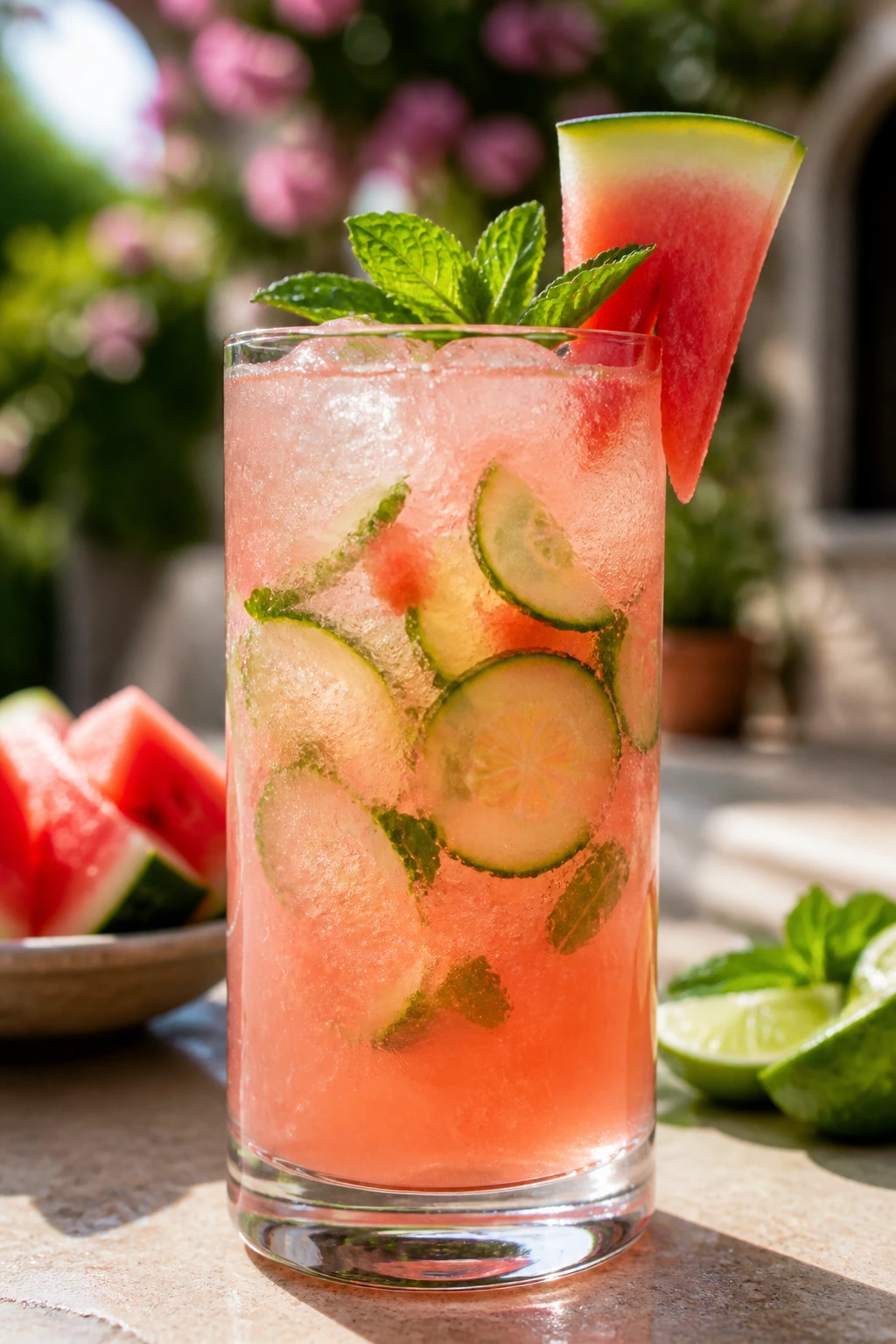 Watermelon Tequila Cooler in tall glass with cucumber and mint