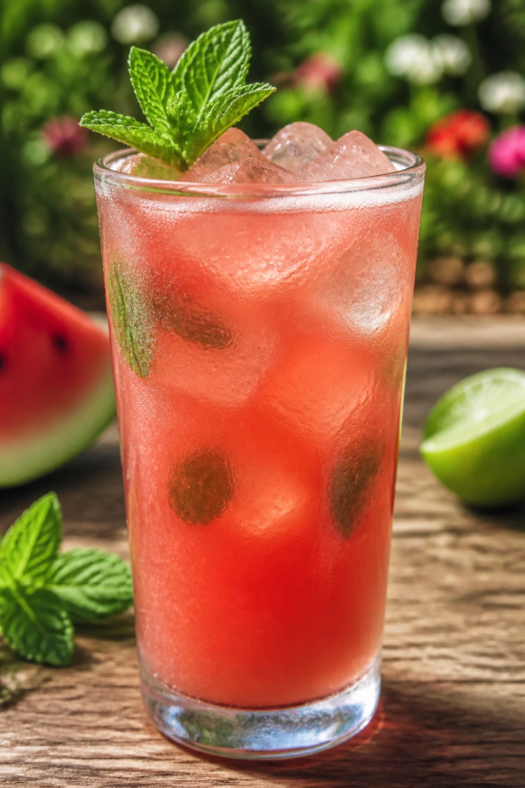 Close-up of a watermelon tequila cooler glass with mint garnish on a sunlit patio