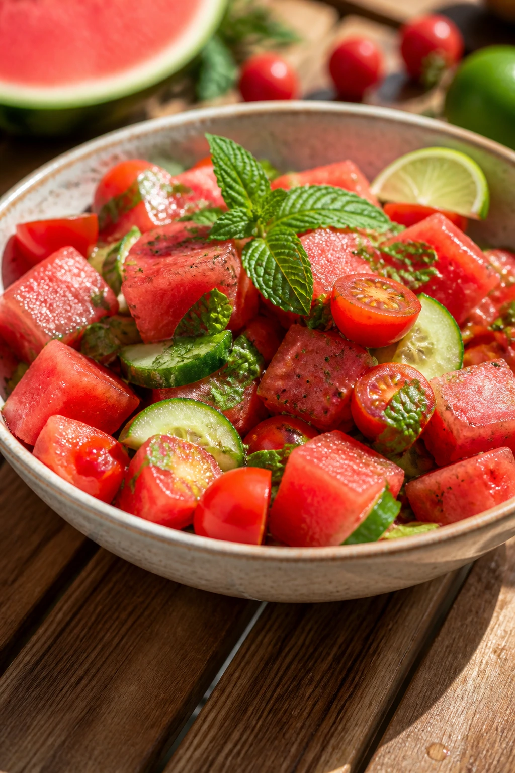 Watermelon tomato salad with mint and lime in a bowl