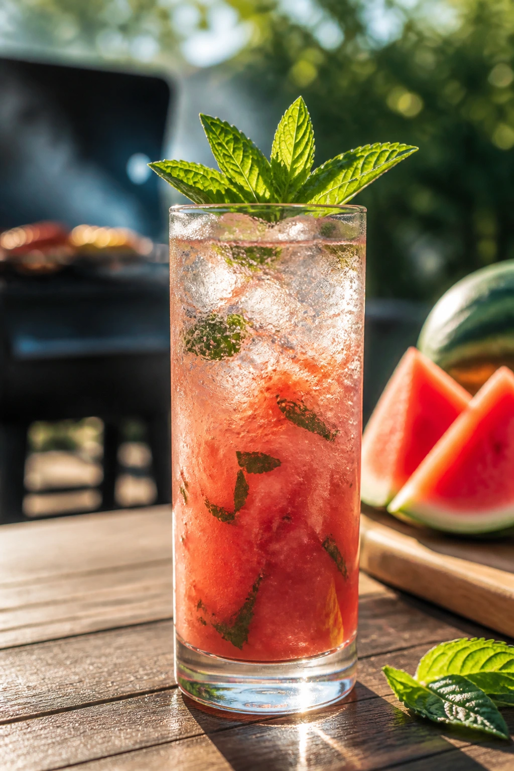 Medium close-up of watermelon vodka Collins with mint on a sunny grill-side patio