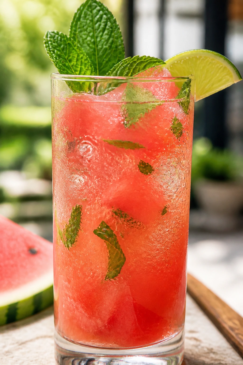Close-up of watermelon vodka cooler in a tall glass with mint and lime