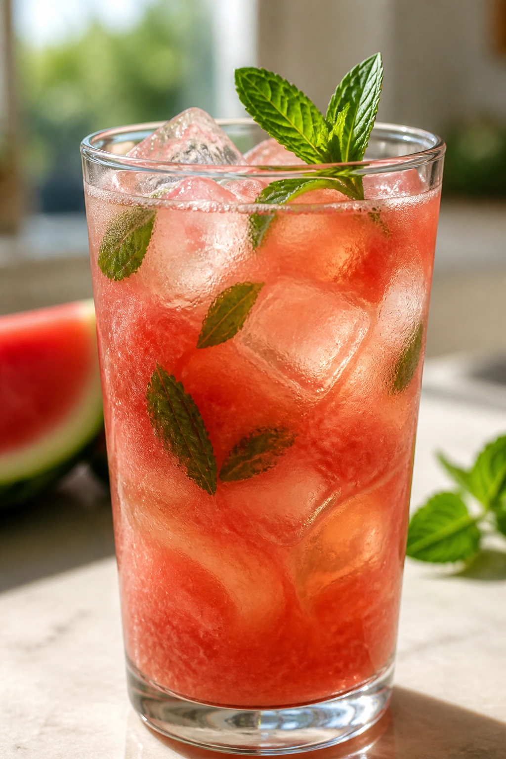 Close-up of Watermelon White Tea in a glass with mint on a sunlit kitchen counter