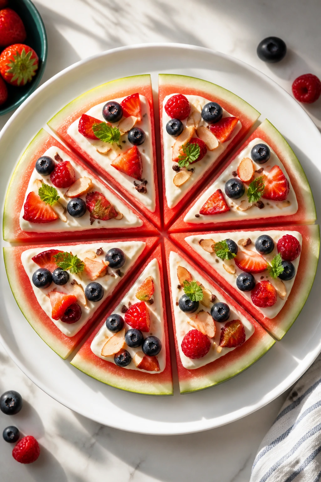 Watermelon pizza slices with yogurt and berries on a plate
