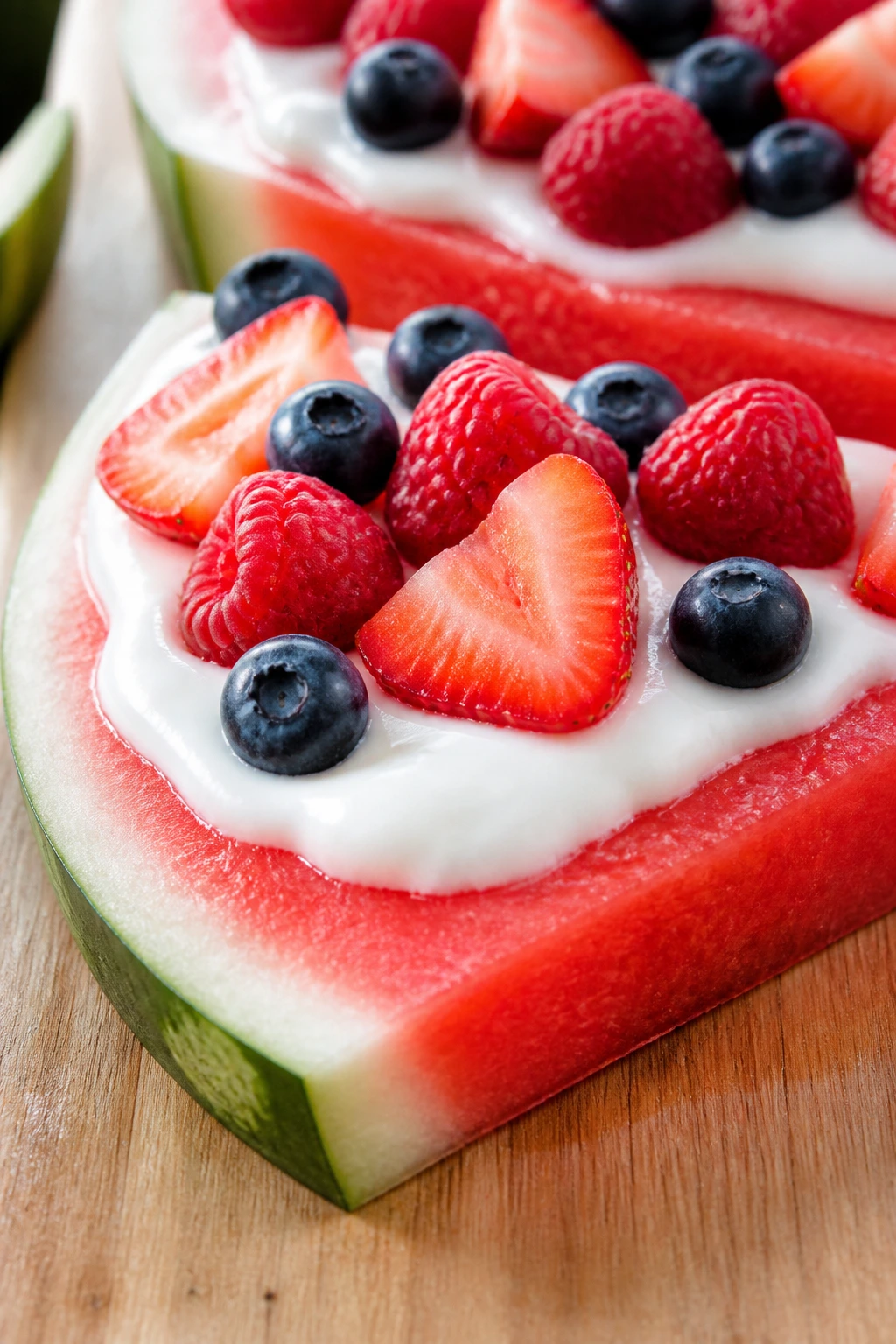 Close-up of a Watermelon Pizza Slice topped with yogurt and berries