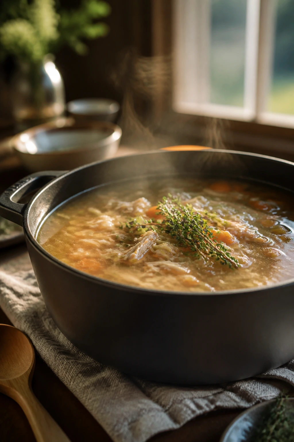 Steaming weekend soup pot with herb garnish in a cozy kitchen